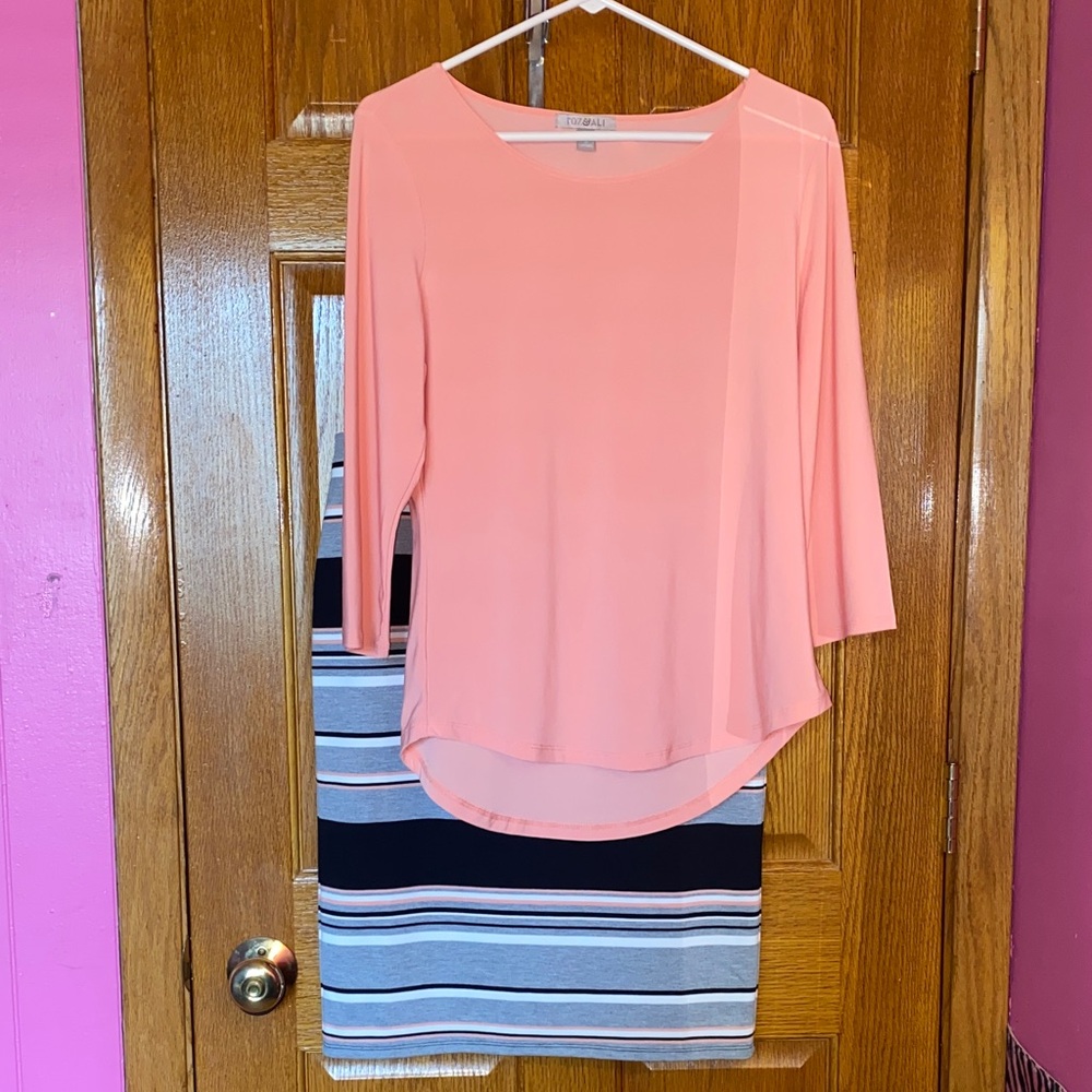 Roz & Ali Multicolor Striped Pencil Skirt & Blouse 2 Piece Set